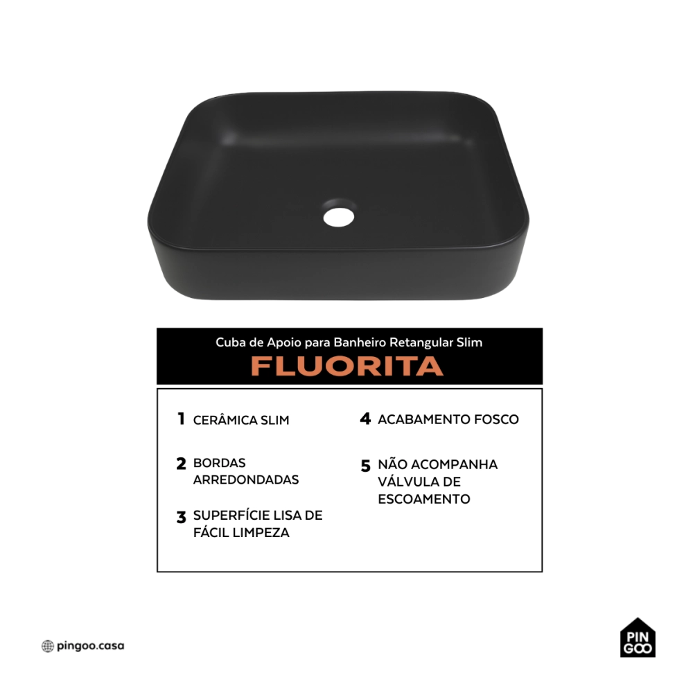 Cuba de Apoio Slim Retangular Sem Válvula para Banheiro Louça Cerâmica 50,5x39,5cm Fluorita Pingoo.casa - Preto Fosco