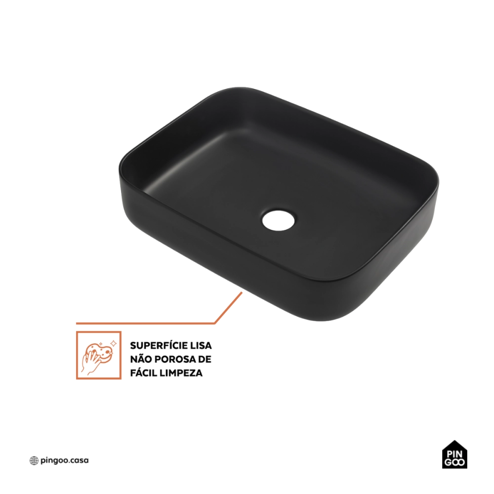 Cuba de Apoio Slim Retangular Sem Válvula para Banheiro Louça Cerâmica 50,5x39,5cm Fluorita Pingoo.casa - Preto Fosco