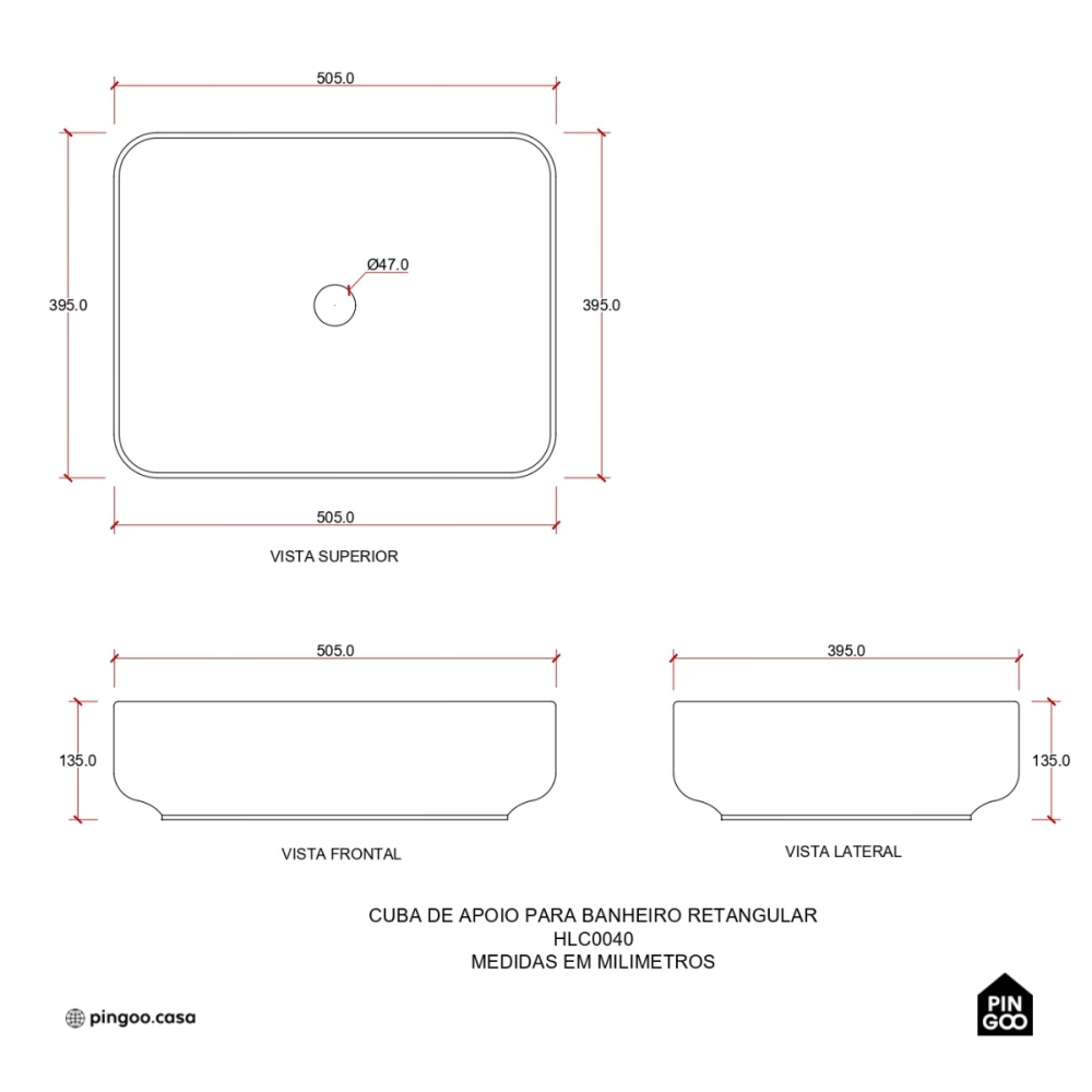 Cuba de Apoio Slim Retangular Sem Válvula para Banheiro Louça Cerâmica 50,5x39,5cm Fluorita Pingoo.casa - Preto Fosco