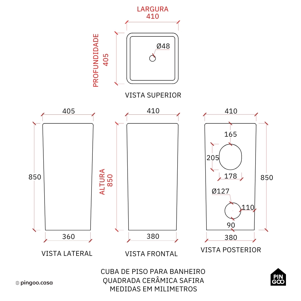 Cuba de Piso para Banheiro Quadrada Cerâmica Safira - Branco