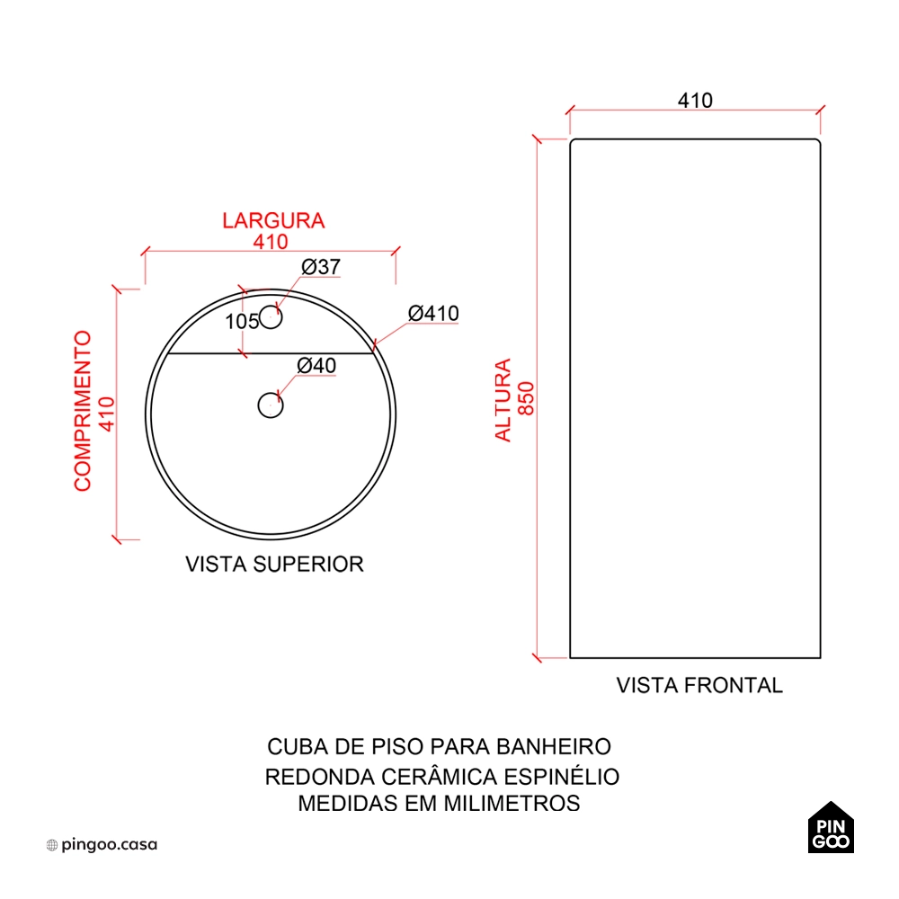 Cuba de Piso para Banheiro Quadrada Cerâmica Espinélio Pingoo.casa - Branco