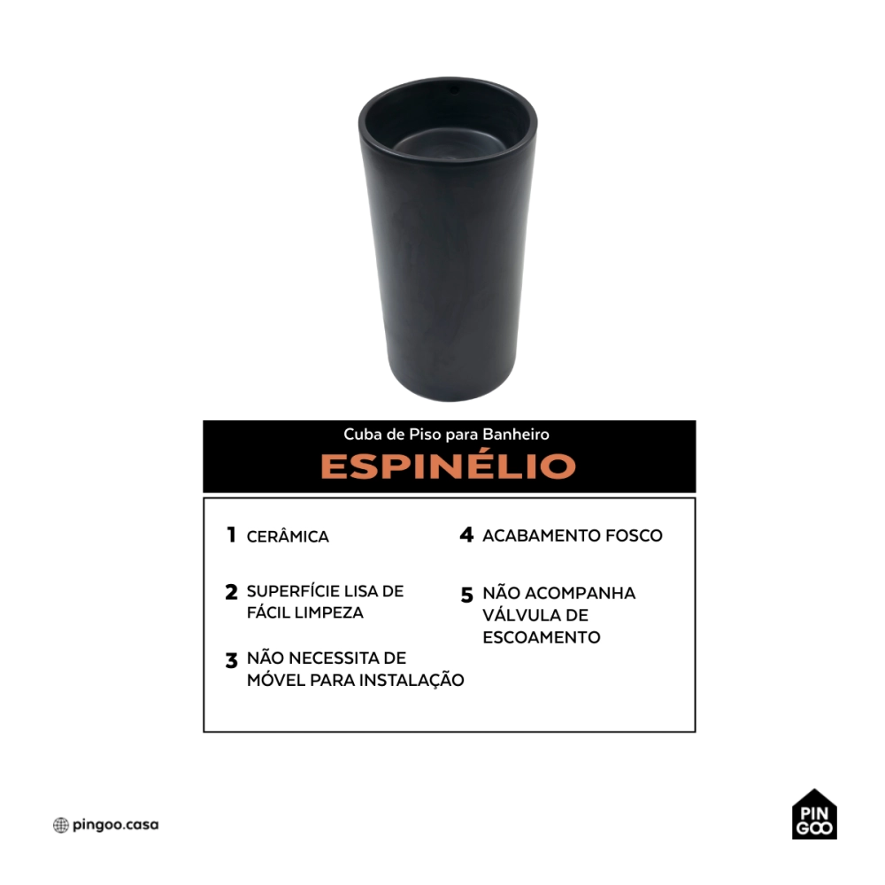 Cuba de Piso Sem Válvula para Banheiro Cerâmica 45cm Espinélio Pingoo.casa - Preto