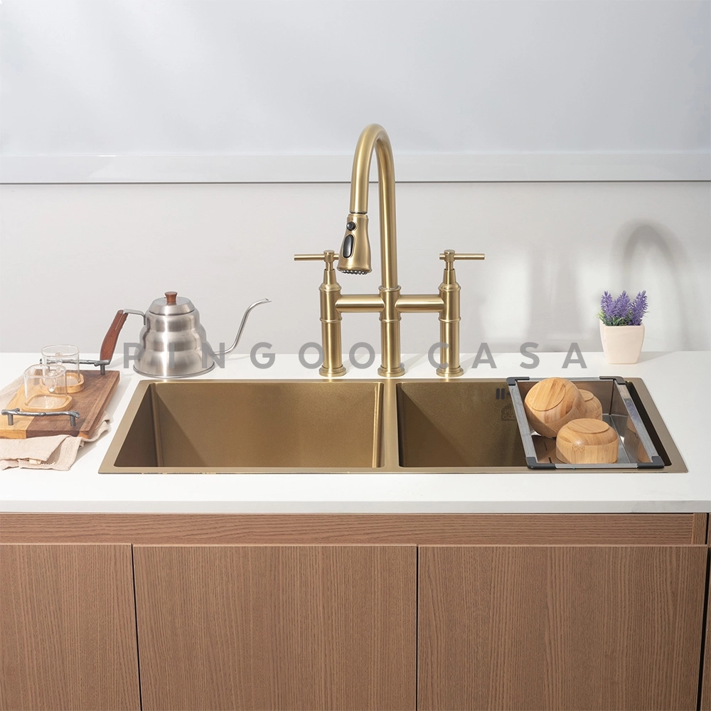 Cuba Dupla Gourmet para Cozinha Aço Inox 304 86x44cm Tukano Dourado