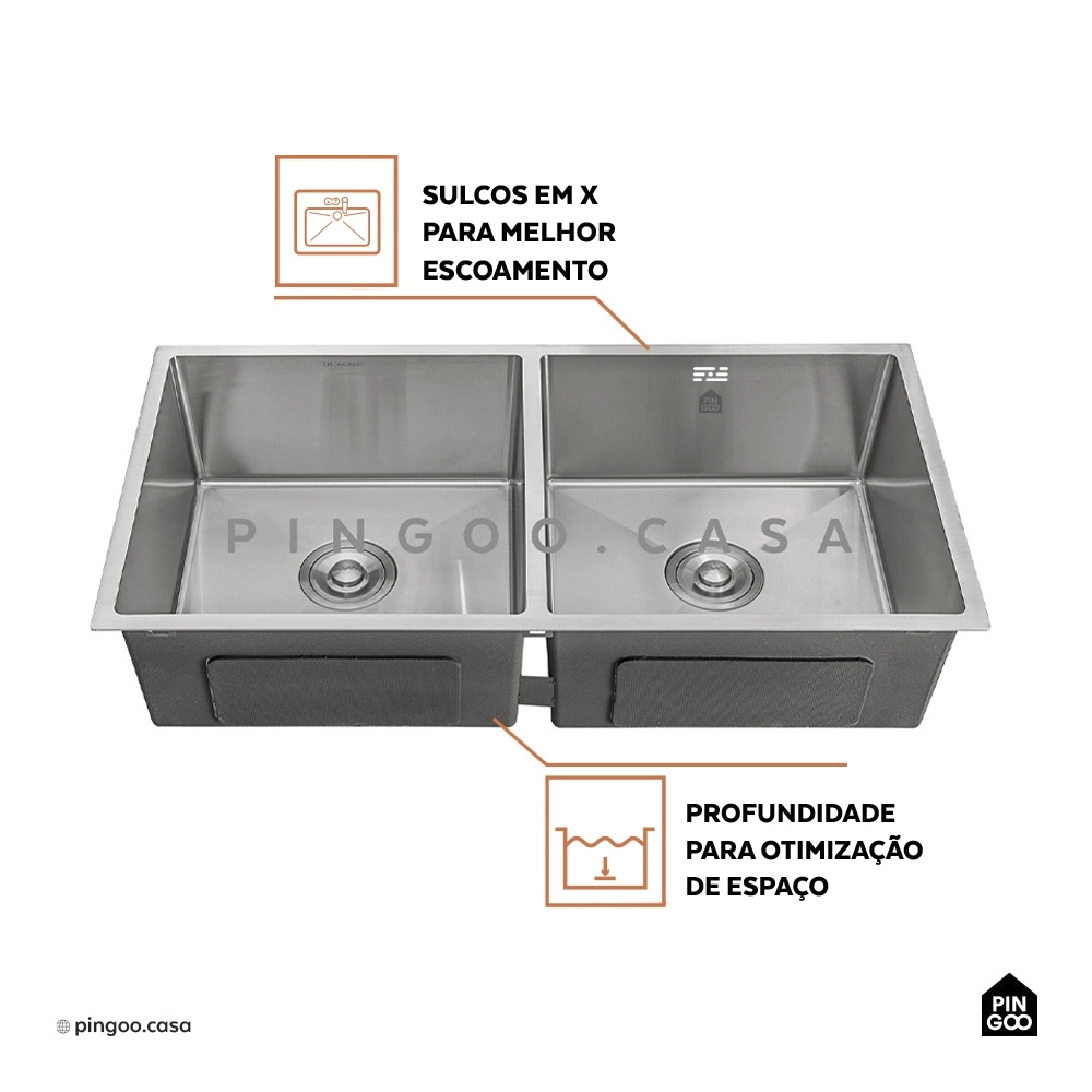 Cuba Dupla Gourmet para Cozinha Aço Inox 304 86x44cm Tukano Prata