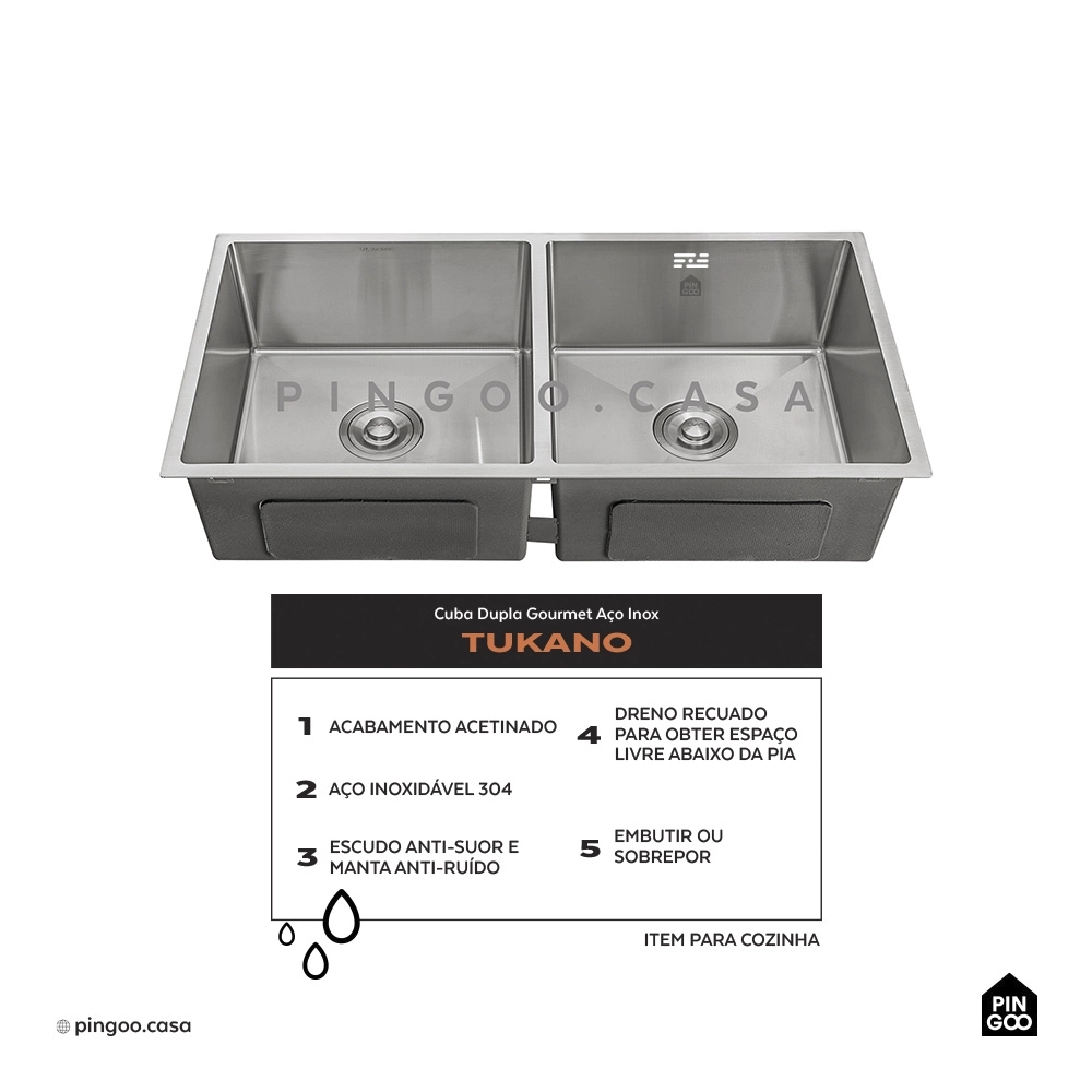 Cuba Dupla Gourmet para Cozinha Aço Inox 304 86x44cm Tukano Prata