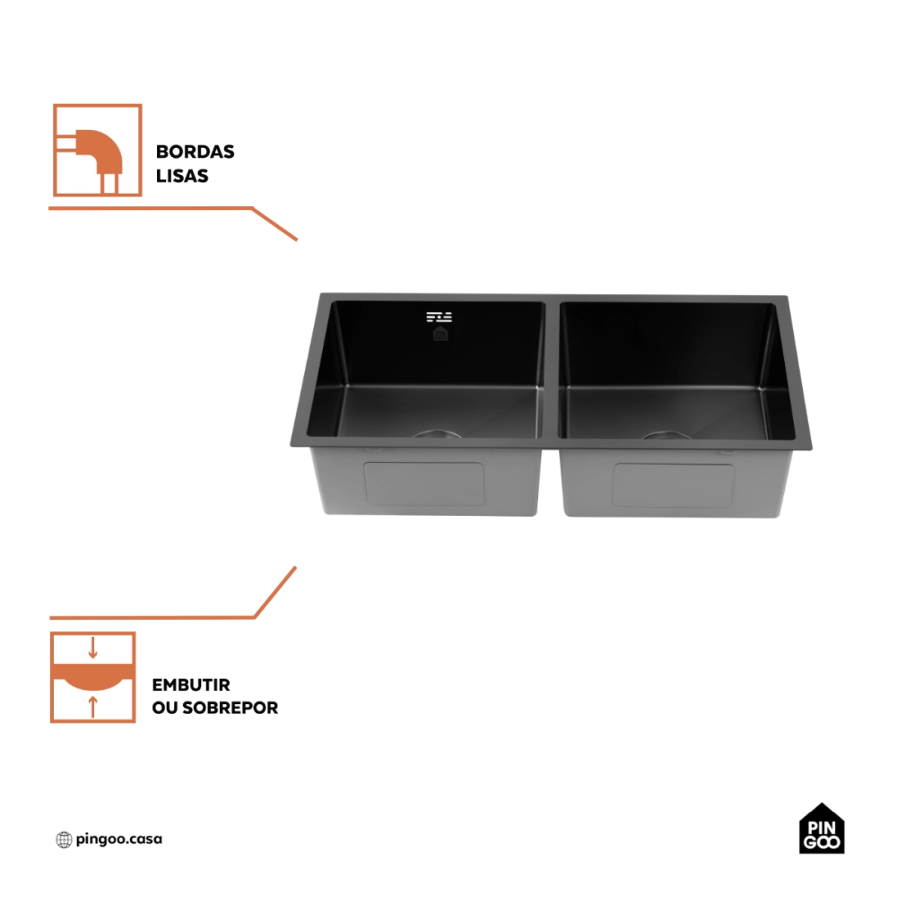 Cuba Dupla Gourmet para Cozinha Aço Inox 304 86x44cm Tukano Preto