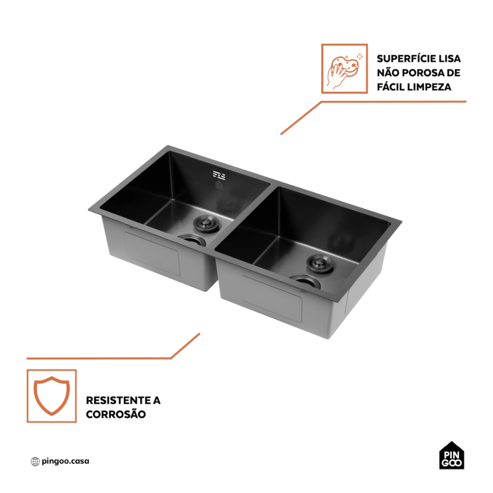 Cuba Dupla Gourmet para Cozinha Aço Inox 304 86x44cm Tukano Preto