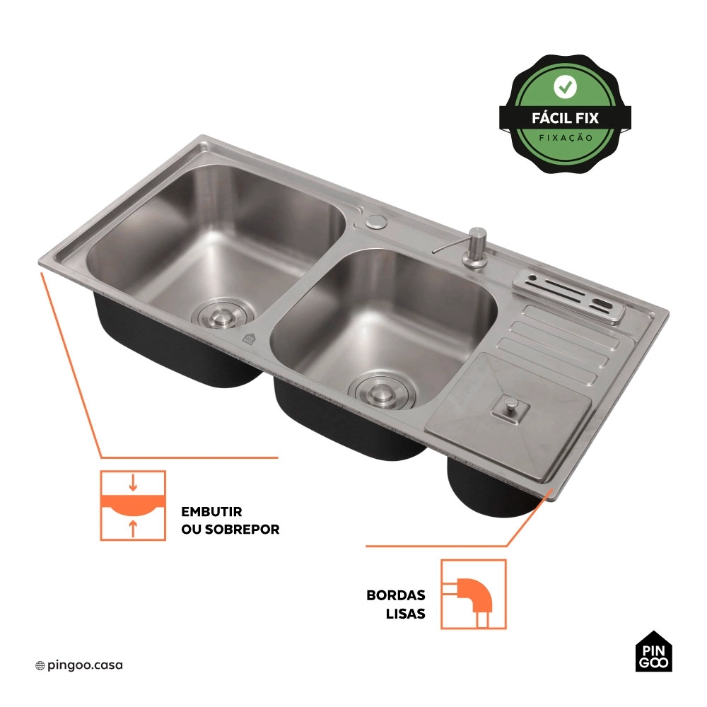 Cuba Dupla Gourmet para Cozinha com Acessórios e Lixeira Aço Inox 201 92x45cm Nukini Prata