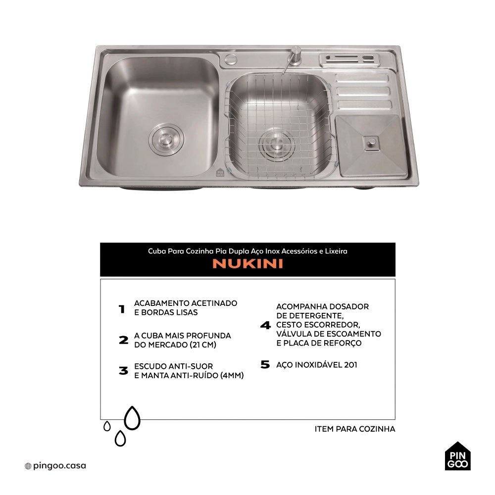Cuba Dupla Gourmet para Cozinha com Acessórios e Lixeira Aço Inox 201 92x45cm Nukini Prata