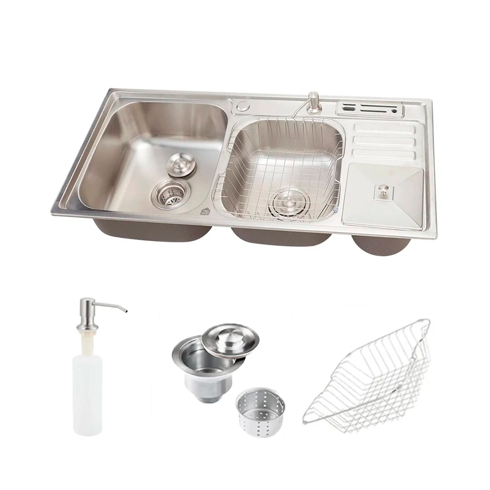 Cuba Dupla Gourmet para Cozinha com Acessórios e Lixeira Aço Inox 201 92x45cm Nukini Prata