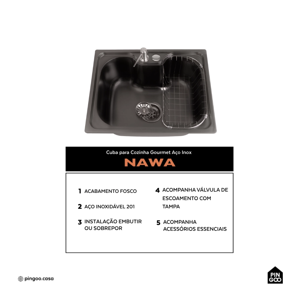 Cuba Gourmet para Cozinha Aço Inox 201 50x40cm Nawa Preto