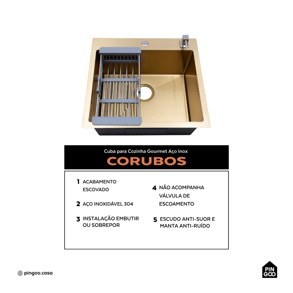 Cuba Gourmet para Cozinha Aço Inox 304 55x51cm Corubos Dourado