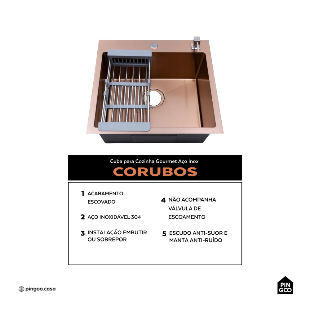 Cuba Gourmet para Cozinha Aço Inox 304 55x51cm Corubos Dourado Rose
