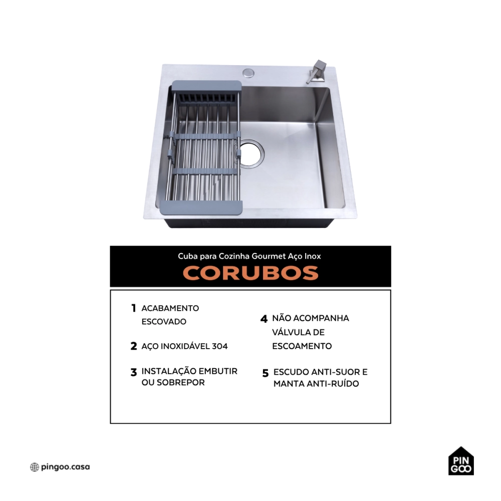 Cuba Gourmet para Cozinha Aço Inox 304 55x51cm Corubos Prata