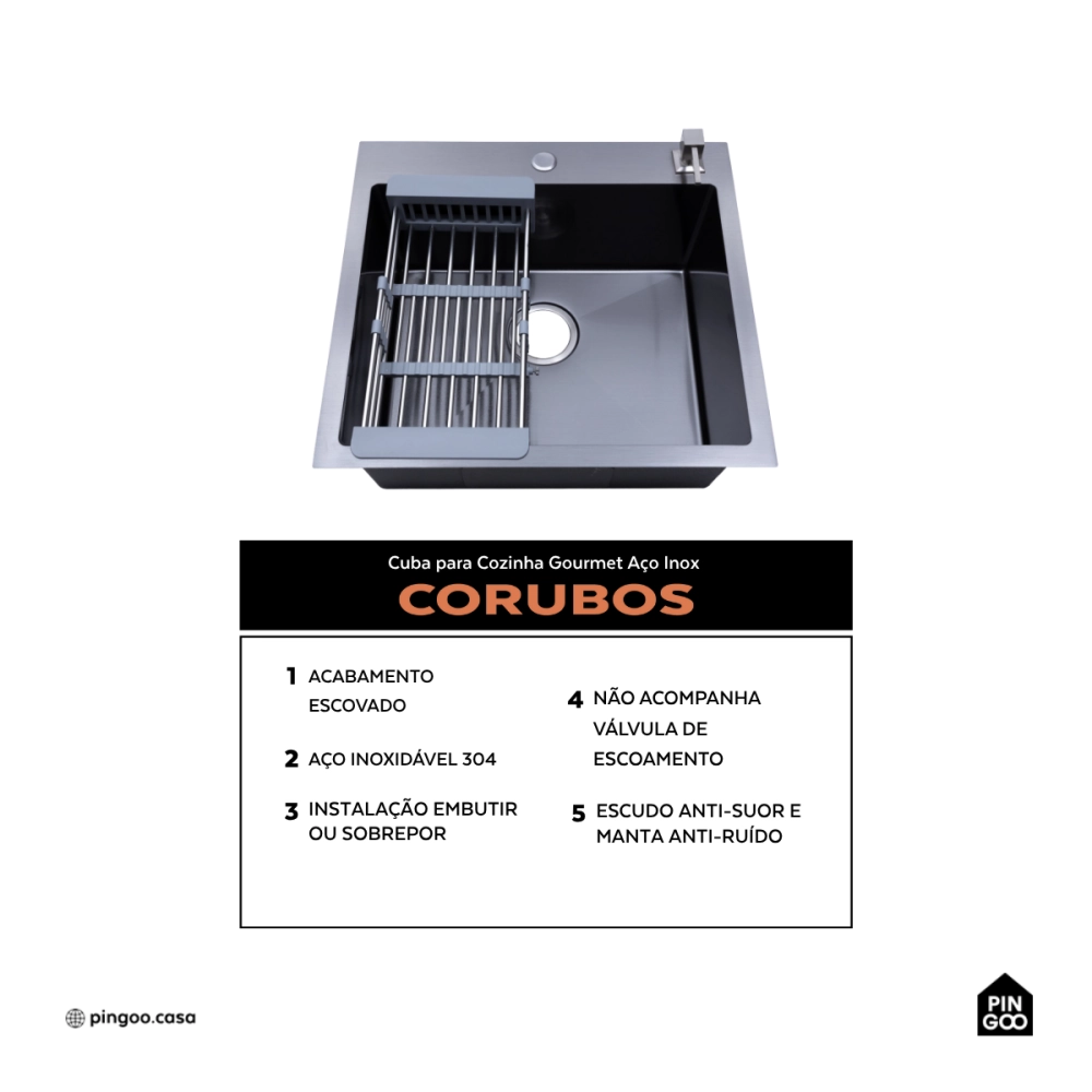 Cuba Gourmet para Cozinha Aço Inox 304 55x51cm Corubos Preto