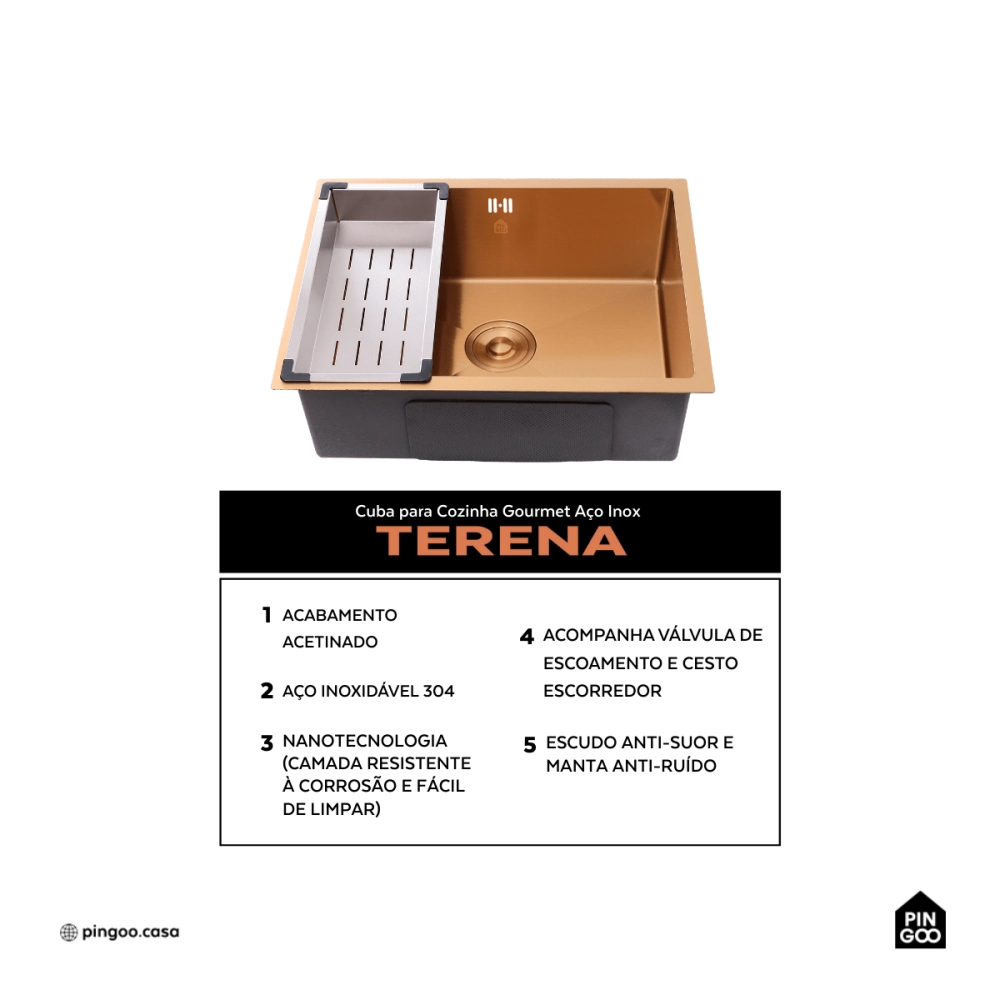 Cuba Gourmet para Cozinha Aço Inox 304 58x45cm Terena Dourado