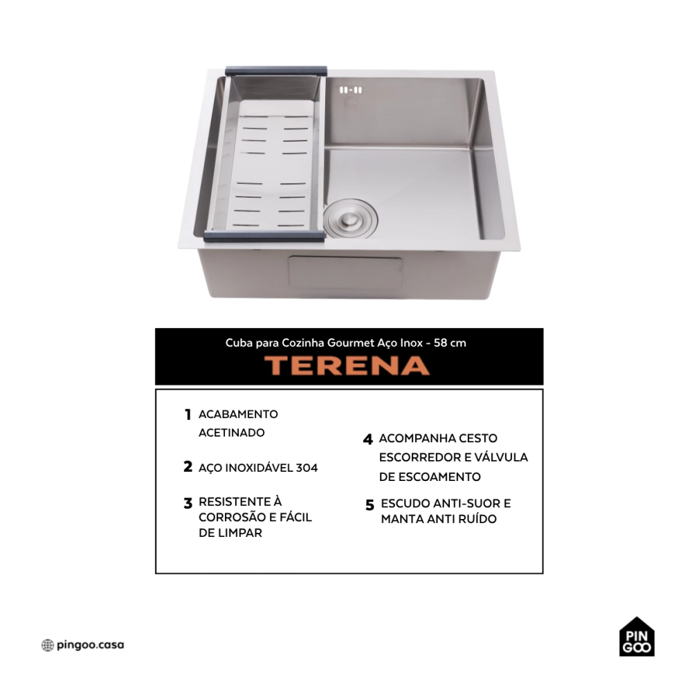 Cuba Gourmet para Cozinha Aço Inox 304 58x45cm Terena Prata