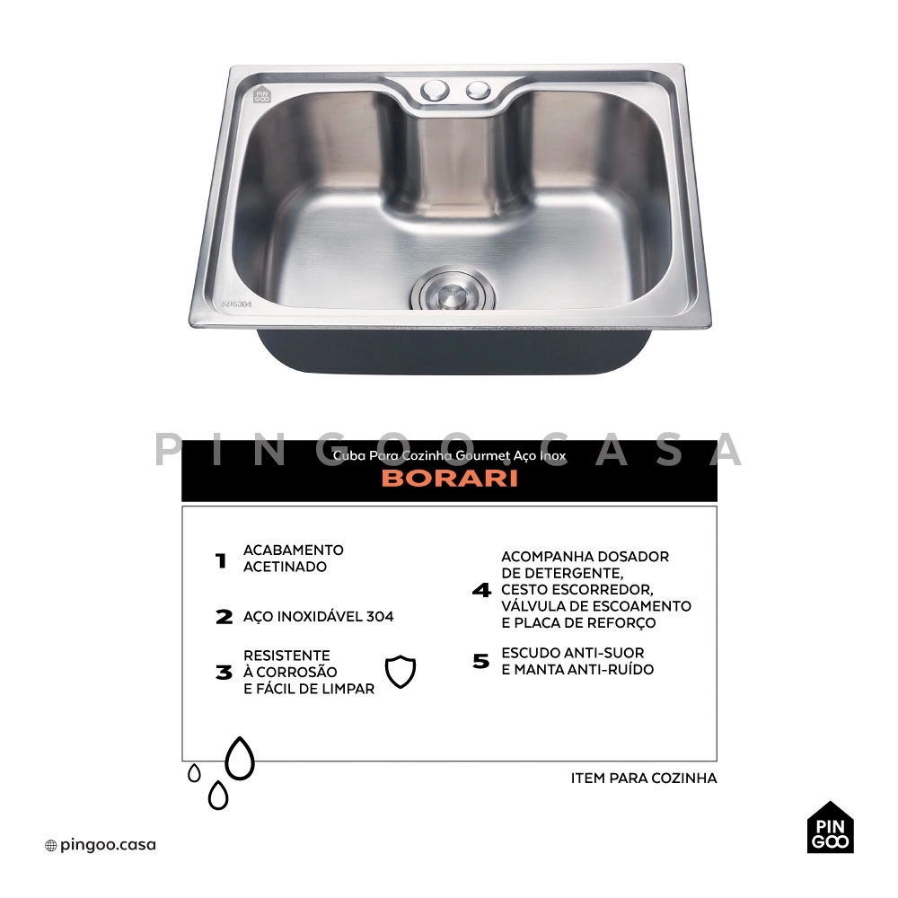 Cuba Gourmet para Cozinha Aço Inox 304 60x42cm Borari Prata