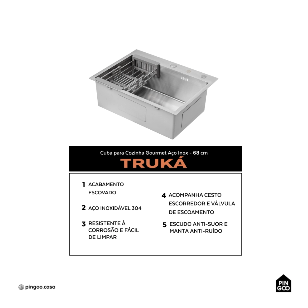 Cuba Gourmet para Cozinha Aço Inox 304 60x45cm Truká Prata