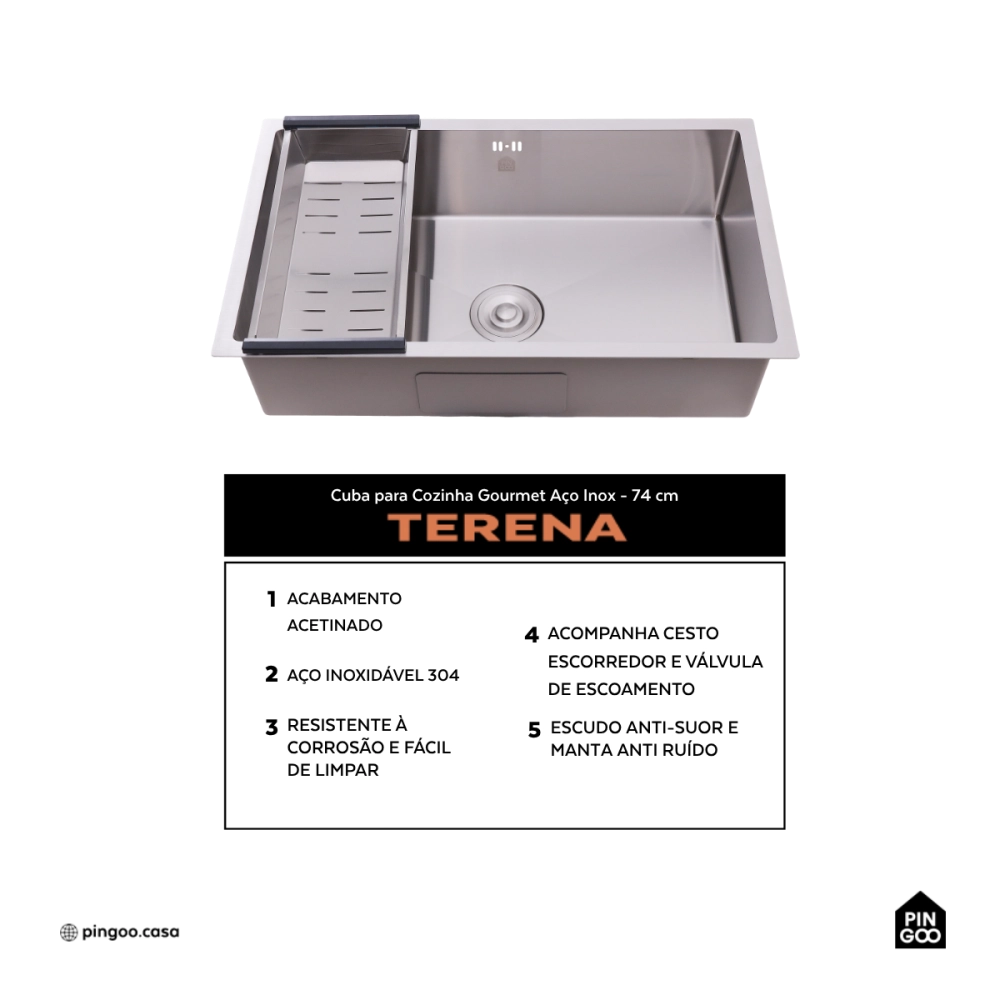 Cuba Gourmet para Cozinha Aço Inox 304 74x44cm Terena Prata