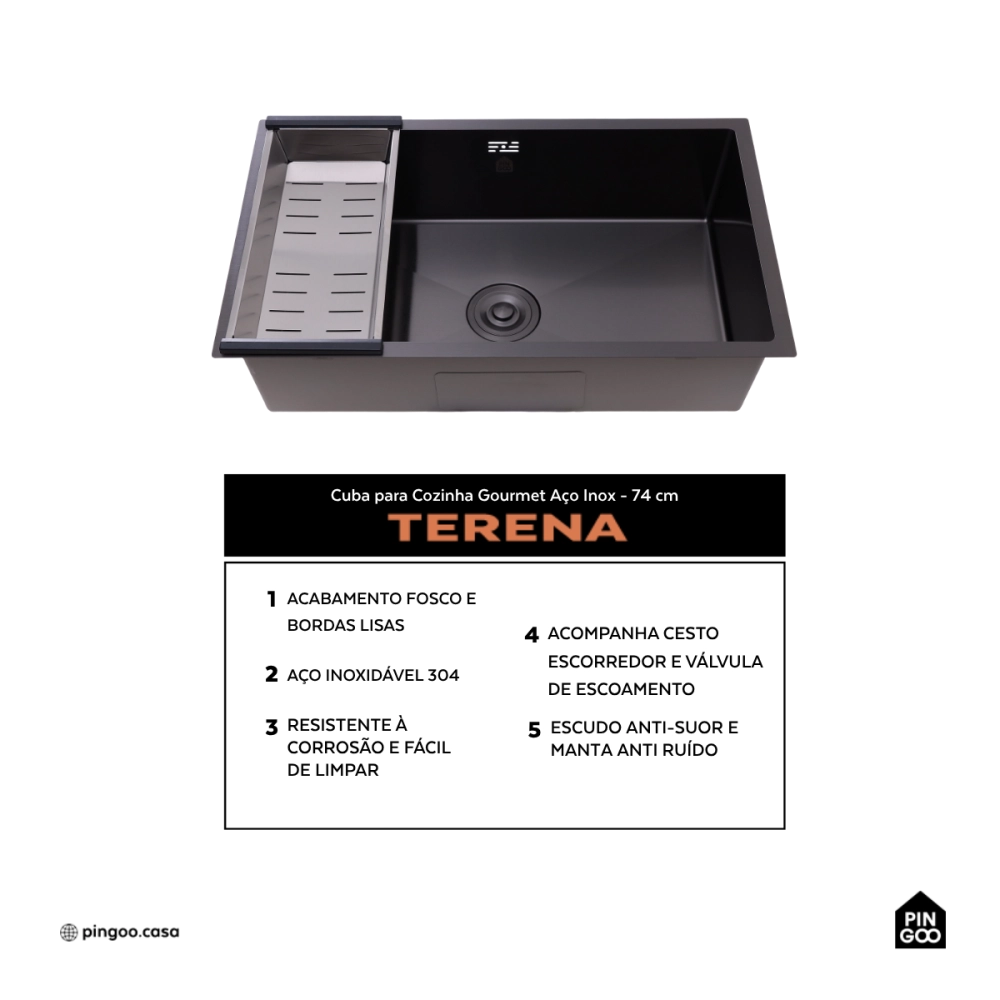 Cuba Gourmet para Cozinha Aço Inox 304 74x44cm Terena Preto