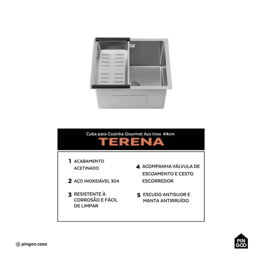 Cuba Gourmet para Cozinha Aço Inox 304 44x44cm Terena Prata