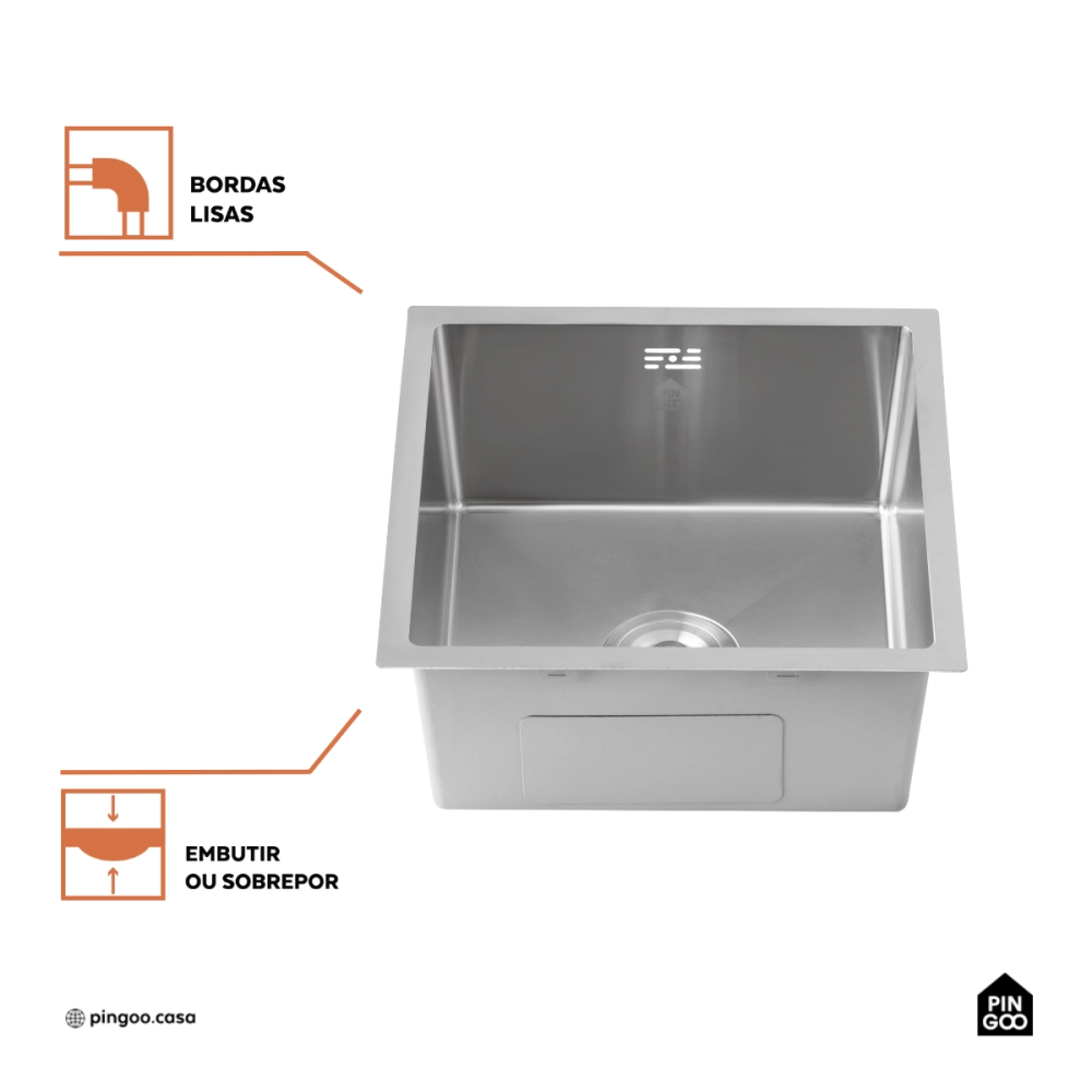 Cuba Gourmet para Cozinha Aço Inox 304 44x44cm Terena Prata