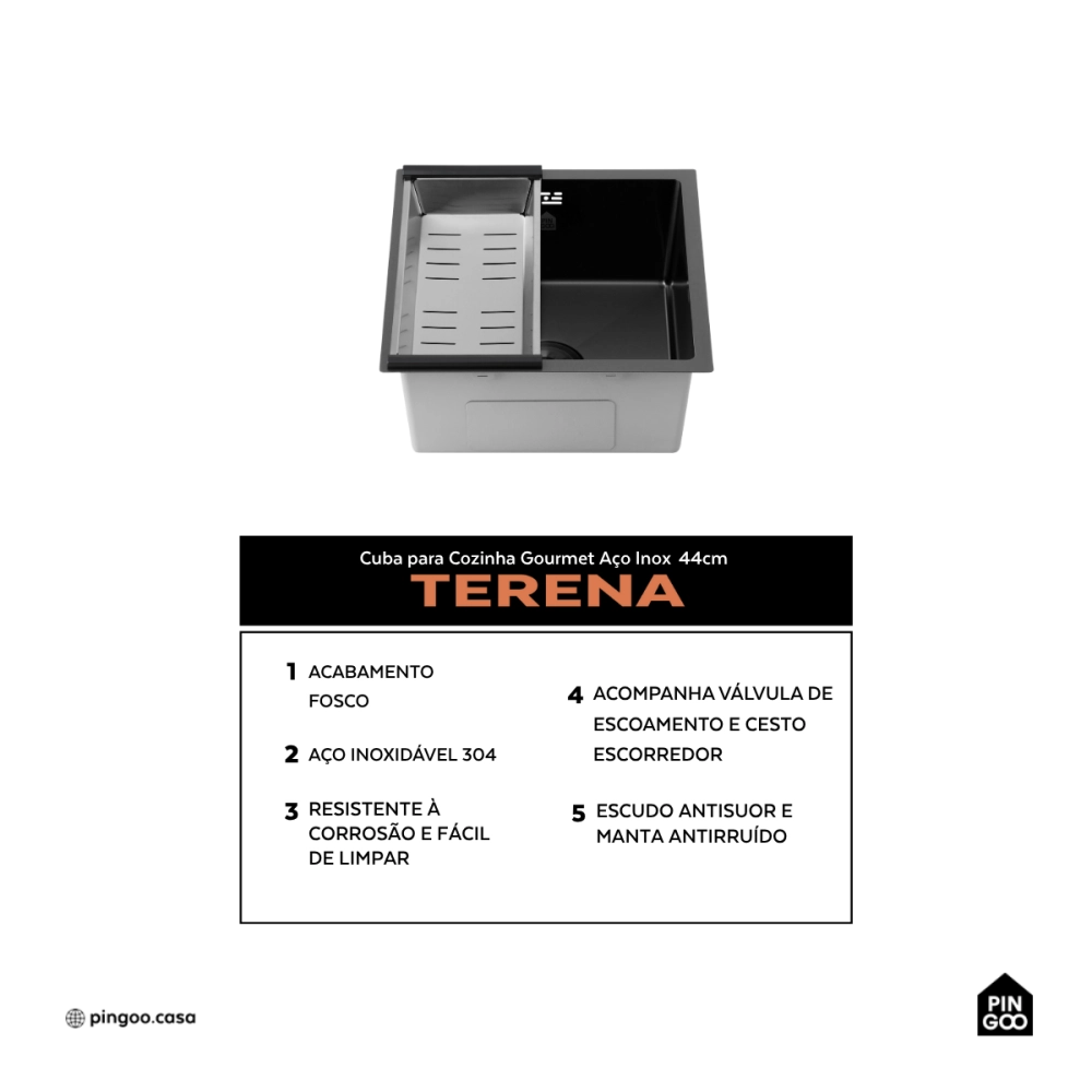 Cuba Gourmet para Cozinha Aço Inox 304 44x44cm Terena Preto