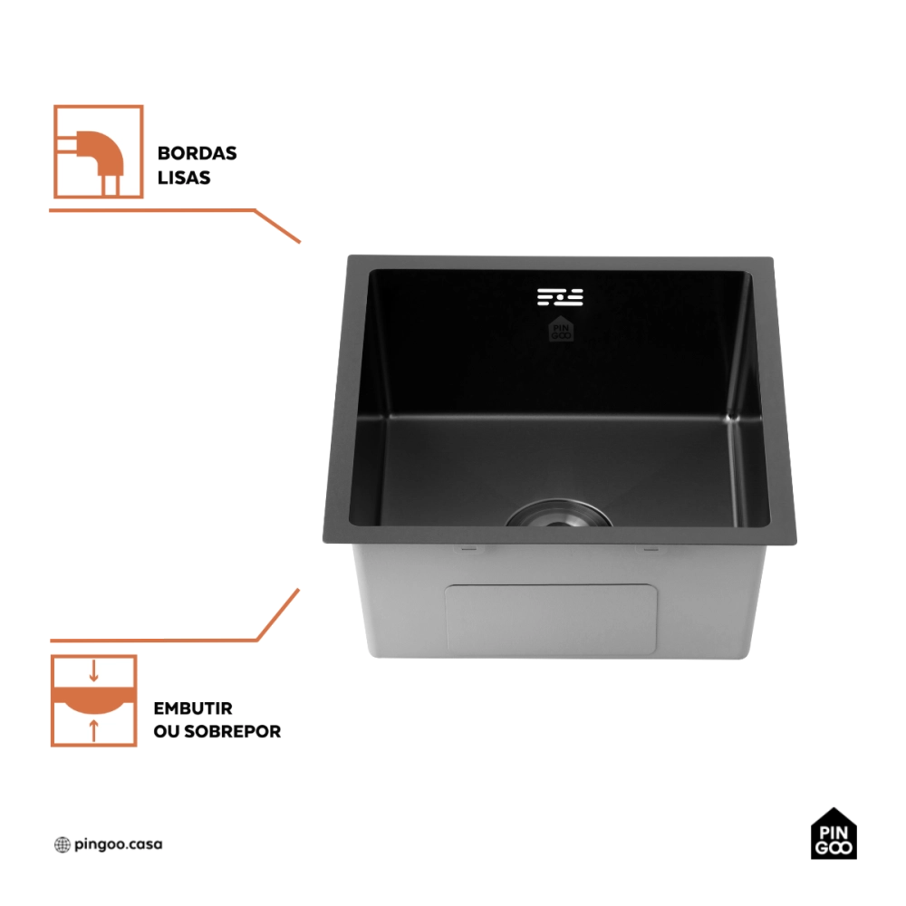 Cuba Gourmet para Cozinha Aço Inox 304 44x44cm Terena Preto