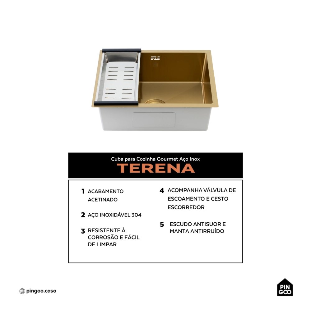 Cuba Gourmet para Cozinha Aço Inox 304 58x45cm Terena Dourado Cuba Gourmet para Cozinha Aço Inox 304 58x45cm Terena Dourado