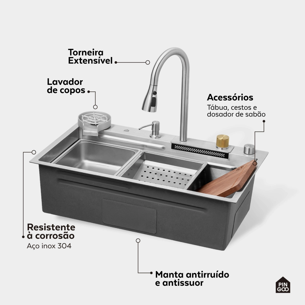Cuba Gourmet para Cozinha com Acessórios Workstation e Torneira Maranguá Pingoo.casa - Prata