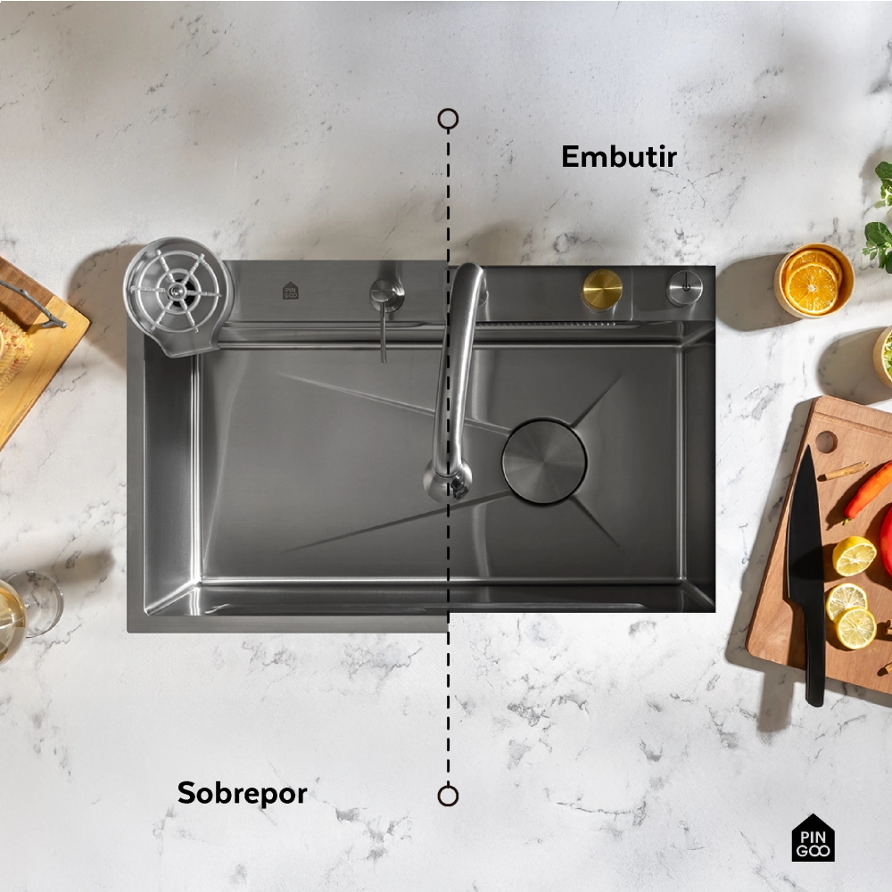 Cuba Gourmet para Cozinha com Acessórios Workstation e Torneira Maranguá Pingoo.casa - Prata