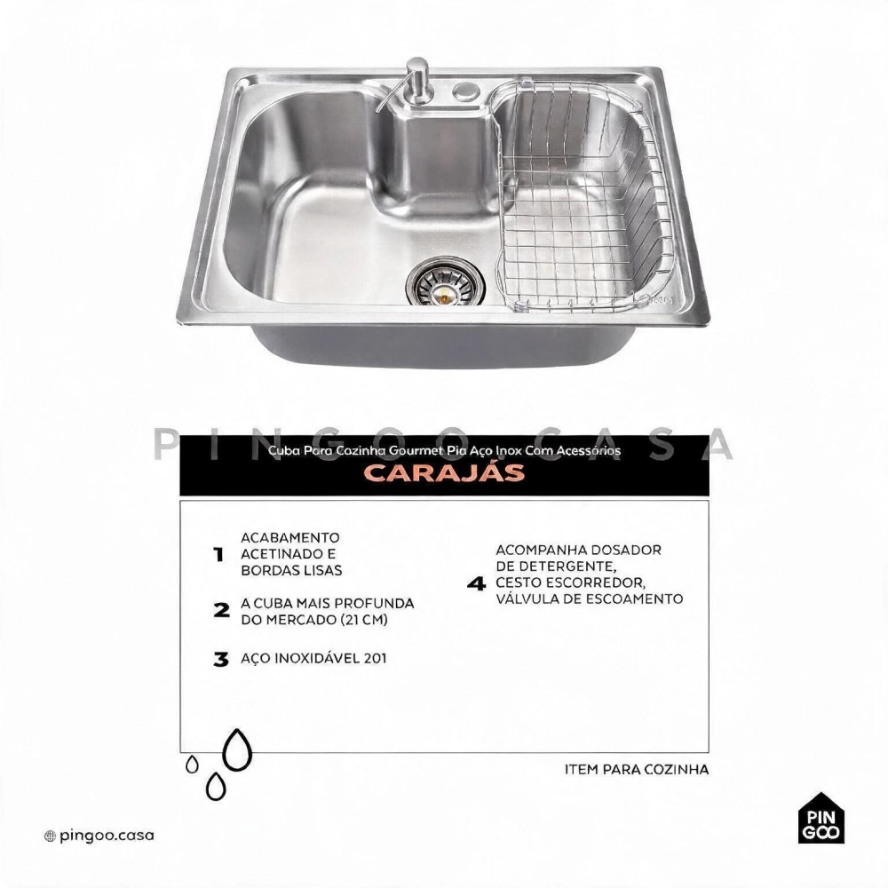 Cuba Gourmet para Cozinha com Acessórios Aço Inox 201 60x42cm Carajás Prata