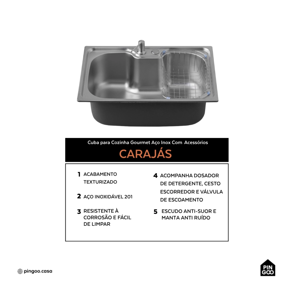 Cuba Gourmet para Cozinha com Acessórios Aço Inox 201 Texturizado 42x60cm Prata Carajás