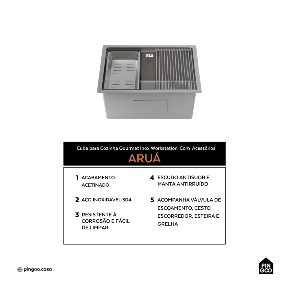 Cuba Gourmet para Cozinha com Acessórios Aço Inox 304 58x48cm Workstation Aruá Prata