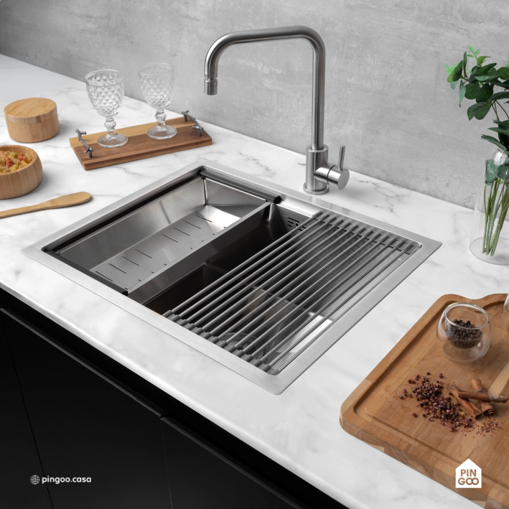 Cuba Gourmet para Cozinha com Acessórios Aço Inox 304 58x48cm Workstation Aruá Prata