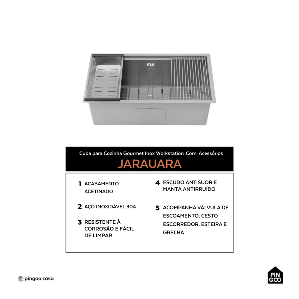 Cuba Gourmet para Cozinha com Acessórios Aço Inox 304 76x45cm Workstation Jarauara Prata Cuba Gourmet para Cozinha com Acessórios Aço Inox 304 76x45cm Workstation Jarauara Prata