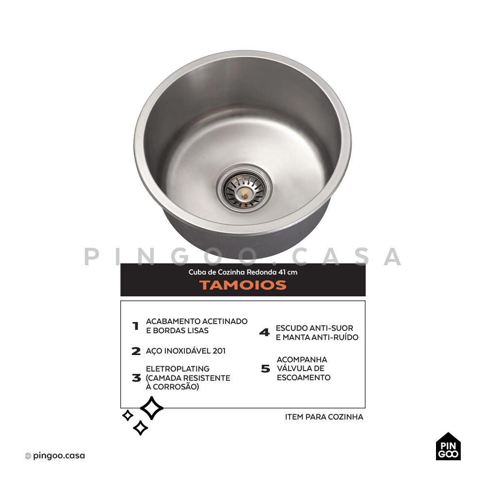 Cuba Gourmet para Cozinha Redonda Aço Inox 201 40cm Tamoios Prata