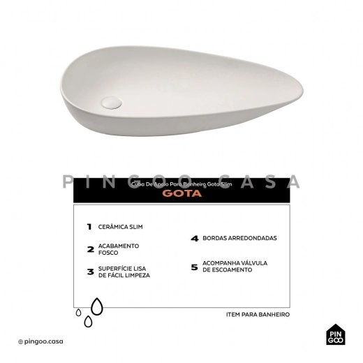 Cuba de Apoio Slim para Banheiro Louça Cerâmica 76,5x42,5cm Gota Branco Fosco