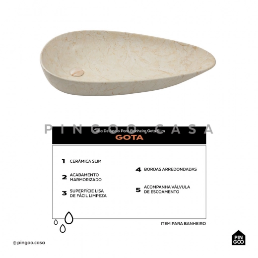 Cuba de Apoio Slim para Banheiro Louça Cerâmica 76,5x42,5cm Gota Marmorizado Gold