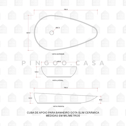Cuba de Apoio Slim para Banheiro Louça Cerâmica 76,5x42,5cm Gota Preto Fosco