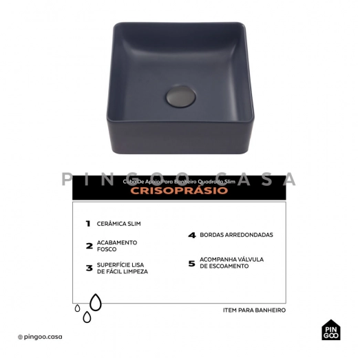Cuba de Apoio Slim Quadrada para Banheiro Louça Cerâmica 31,5x31cm Crisoprásio Cinza Fosco