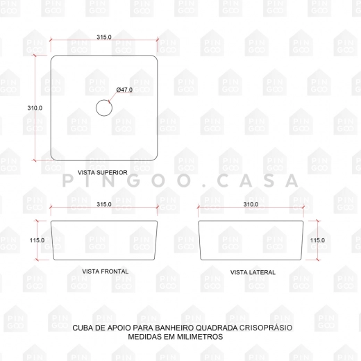 Cuba de Apoio para Banheiro Quadrada Slim Louça Cerâmica 31 cm Crisoprásio Cinza