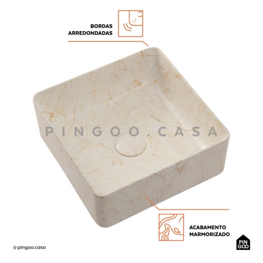 Cuba de Apoio para Banheiro Quadrada Slim Louça Cerâmica 31 cm Crisoprásio Marmorizado Gold