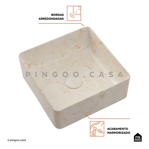 Cuba de Apoio Slim Quadrada para Banheiro Louça Cerâmica 31,5x31cm Crisoprásio Marmorizado Gold