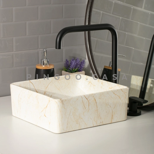 Cuba de Apoio Slim Quadrada para Banheiro Louça Cerâmica 31,5x31cm Crisoprásio Marmorizado Gold