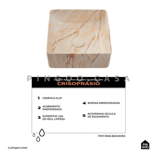 Cuba de Apoio Slim Quadrada para Banheiro Louça Cerâmica 31,5x31cm Crisoprásio Marmorizado Rose