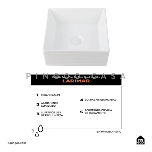 Cuba de Apoio Slim Quadrada para Banheiro Louça Cerâmica 38x37,5cm Larimar Branco