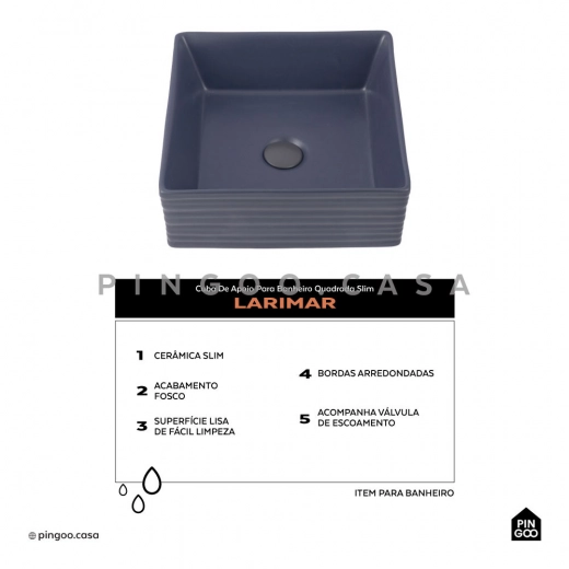 Cuba de Apoio Slim Quadrada para Banheiro Louça Cerâmica 38x37,5cm Larimar Cinza Fosco