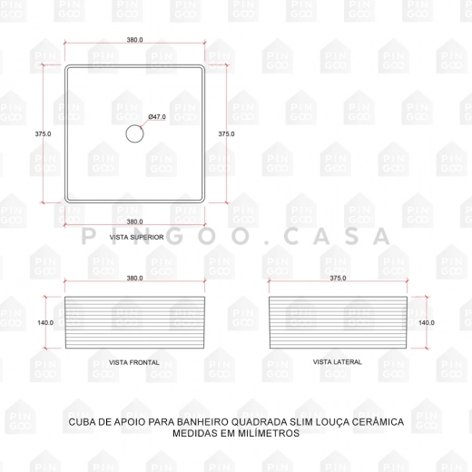 Cuba de Apoio Slim Quadrada para Banheiro Louça Cerâmica 38x37,5cm Larimar Cinza Fosco